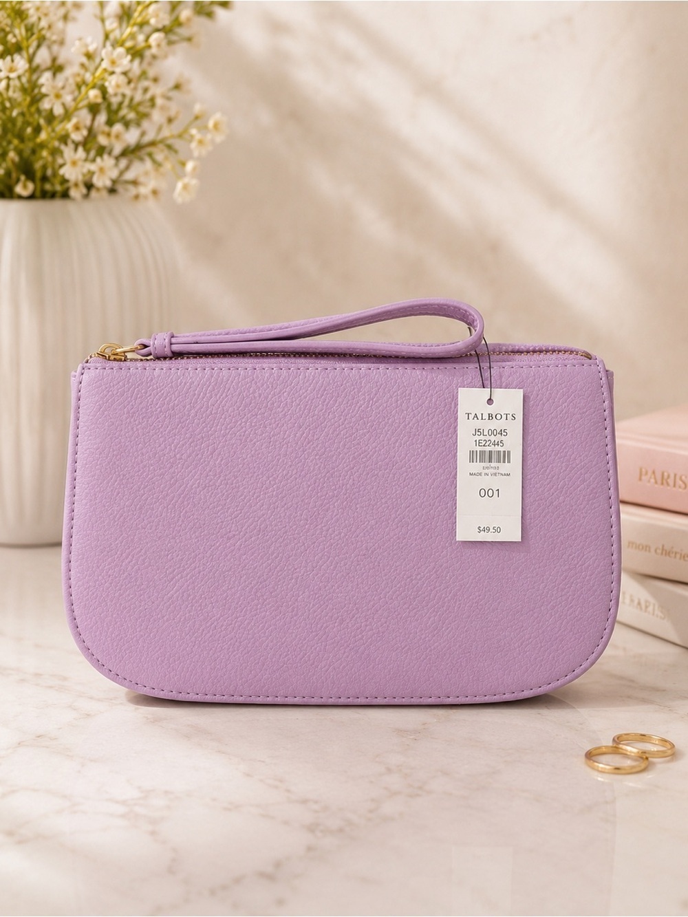 Talbots Lavender Pebbled Leather Wristlet Clutch Zip Top Pouch Wallet NWT
